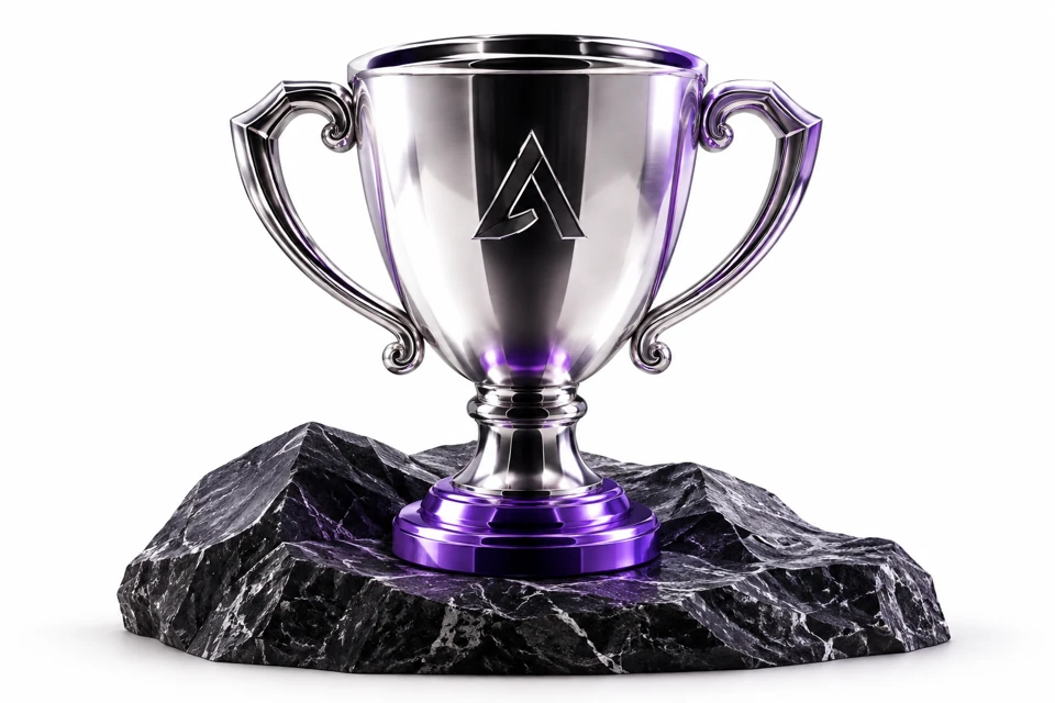 Troféu prateado com base roxa